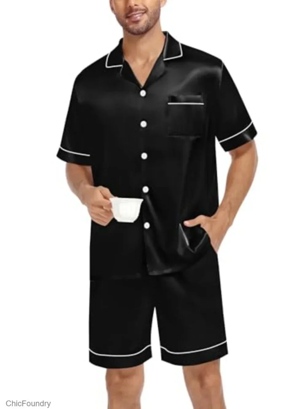 Silk Satin Pajama Set for Men - Short Sleeve 2 Piece Button Down Sleepwear with